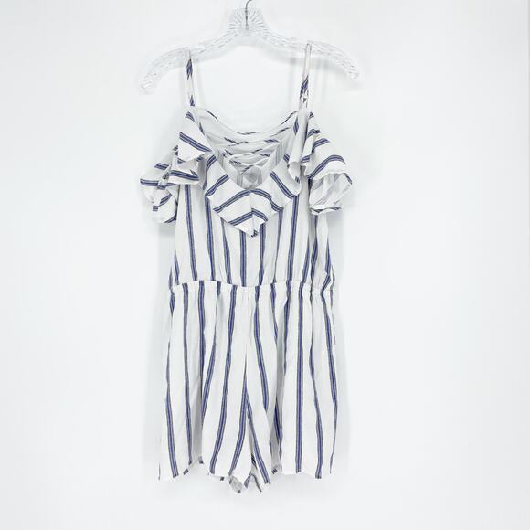 Le Lis Criss Cross Striped Ruffle Cold Shoulder Romper Size Large - Picture 1 of 9